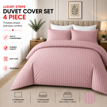 (Super King, Peach) Hotel Quality Stripe Duvet Cover Luxury 4-Piece Complete Bedding Set Quilt Cover With Fitted Sheet & Pillowcases