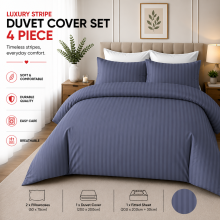 (Super King, Washed Blue ) Hotel Quality Stripe Duvet Cover Luxury 4-Piece Complete Bedding Set Quilt Cover With Fitted Sheet & Pillowcases