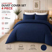 (Double , Navy) Hotel Quality Stripe Duvet Cover Luxury 4-Piece Complete Bedding Set Quilt Cover With Fitted Sheet & Pillowcases