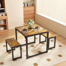 Vierkante eettafel en stoelenset met metalen frame, 3-delig