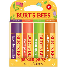 Burt's Bees 4 Pack Lavender Vanilla, Sweet Peach, Green Apple, Wildflower Honey; 24 Hour Moisture Moisturizing Lip Balm, (Garden Party)