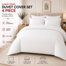 (Super King, White) Hotel Quality Stripe Duvet Cover Luxury 4-Piece Complete Bedding Set Quilt Cover With Fitted Sheet & Pillowcases