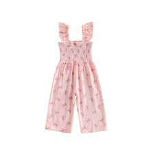 (2-3 Years, Pink) Girls Summer Sleeveless Jumpsuit Shirred Ruffle Shoulder Strap Bow/Strawberry Print Long Overalls Pants