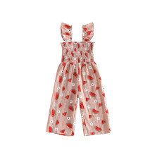 (18-24 Months, White) Girls Summer Sleeveless Jumpsuit Shirred Ruffle Shoulder Strap Bow/Strawberry Print Long Overalls Pants