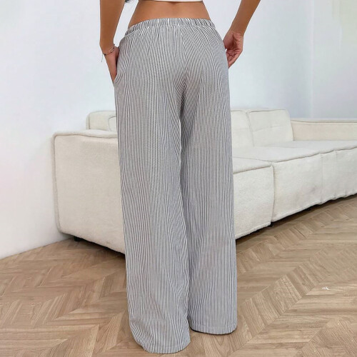 Women's striped casual loose drawstring elastic-Dark Grey S 1