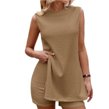 Women's Sleeveless Side Slit Top And Shorts Two Piece-Khaki L