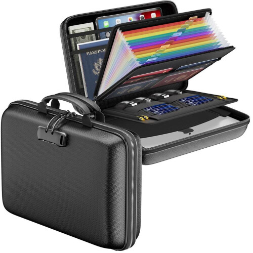 Fireproof document organizer with lock, hard case, fireproof document box with 13 compartments, accordion file folder, portable saf