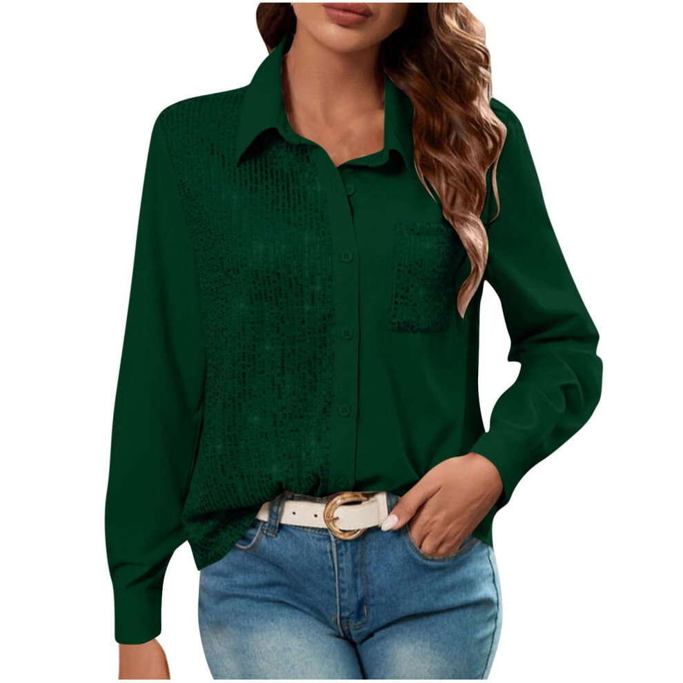 Green Women's Sequin Tops Sparkle Long Sleeve Blouses- Xl