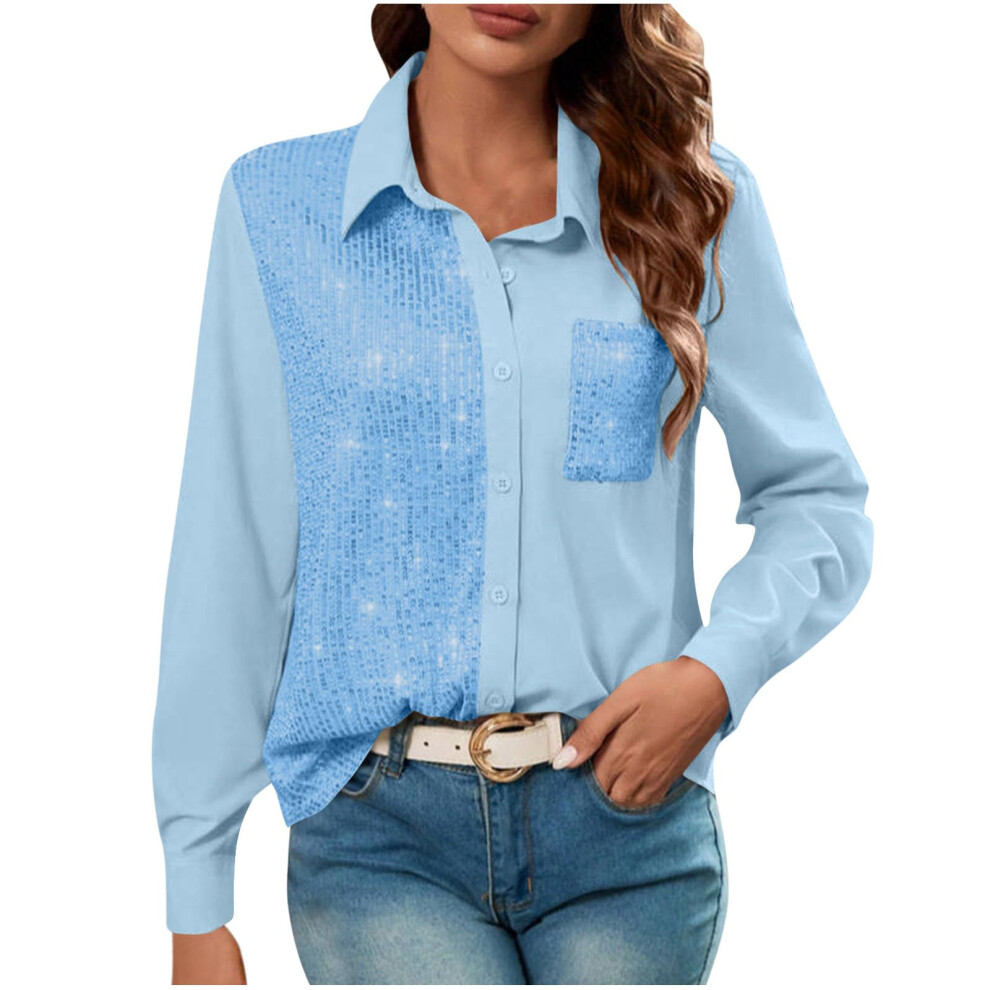 Sky Blue Women's Sequin Tops Sparkle Long Sleeve Blouses- M