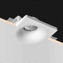 Runder, kegelförmiger Einbaustrahler aus Keramikputz, geeignet für abgehängte Decken und kompatibel mit GU10-LED-Fassungen (120 x 120 x 42 mm).