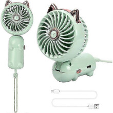 Groene handventilator met kattenoortjes - opvouwbaar, 3 snelheden, oplaadbaar via USB