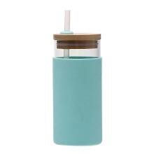 Glazen waterfles met transparant rietje (550 ml) en houten deksel