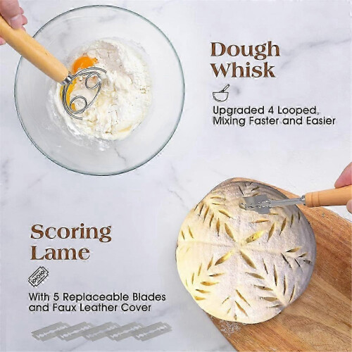 Bread Proofing Basket Set Trimming Knife Round Proofing Basket Egg Beater Dough Scraper Set 1