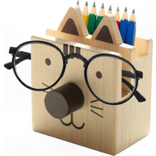 Schreibtisch-Organizer aus Holz mit Brillenständer und Stiftehalter im niedlichen Katzendesign, geeignet für Büro und Zuhause