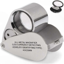 Lupa plegable con luz LED compatible con detección de billetes e identificación de piedras preciosas.