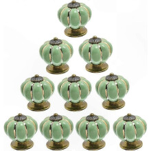 Lichtgroene pompoenvormige keramische deurknoppen in vintage stijl, decoratieve hardware set van 10