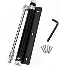 Automatische deurdranger met instelbaar draagvermogen tot 45 kg, opbouwmontage, zwarte aluminium behuizing.