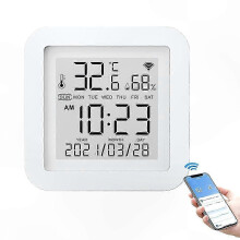 Draadloze wifi-temperatuursensor met bediening via mobiele app en compatibiliteit met spraakassistent.