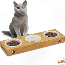 Comedero para mascotas de bambú con cuencos de cerámica, diseño natural apto para lavavajillas, compatible con gatos y perros pequeños.