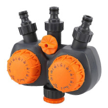Mechanische irrigatietimer met dubbele uitgang G3/4 en metalen klep, compatibel met bewateringssysteem.