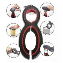 Robuust 6-in-1 openingsgereedschap, geschikt voor blikken, flessen, potten en draaidoppen.