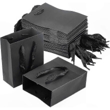 Verpakking van 25 rechthoekige papieren tassen met handvatten, zwart, 16x13x6 cm, ideaal voor cadeaus, feestjes en speciale gelegenheden.