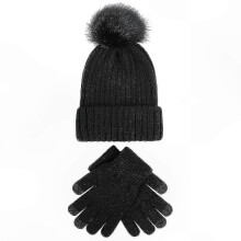 Warme gebreide wintermuts en handschoenenset, geschikt voor dames, zachte oorwarmers en muts, zwart