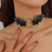 Zwarte punk leren ketting, gothic vleermuisketting, karaktervolle hartketting, Halloweenketting, verstelbaar, geschikt voor vrouwen en meisjes.