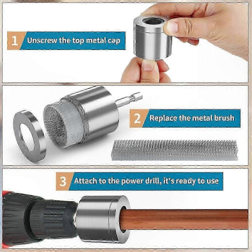 Copper Pipe Cleaning Tool with Brush Replacement and Hex Handle compatible with Drills 2