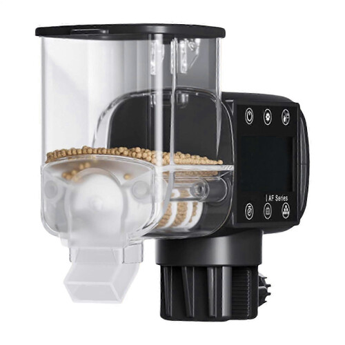 Distributore automatico di cibo per tartarughe e pesci con timer, alimentato a batteria e compatibile con acquari e vasche per rettili.