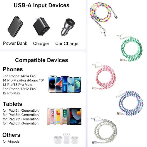 Câble de charge USB-C à charge rapide avec perles colorées, compatible avec iPhone 15, iPad Air et Data. 1