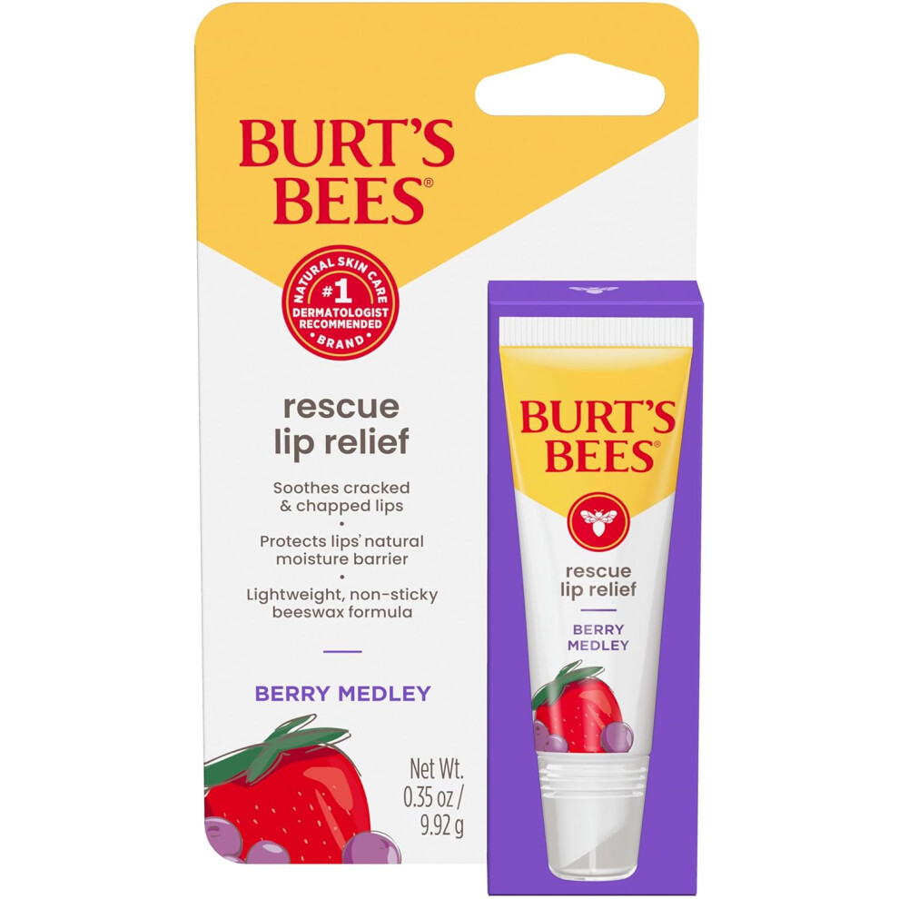 Burt's Bees Rescue Lip Relief, Berry Medley, Hydrating Lip Balm For Dry Cracked Lips, 1 Squeezy Tube, 0.35Oz (Berry Medley)
