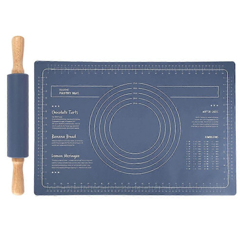 Kitchen Silicone Dough Baking Mat and Wooden Rolling Pin Set 1Set