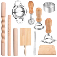 11-Pc Pasta Making Kit w/ Wooden Rolling Pin, Gnocchi Board, Dough Cutter, Dumpling & Ravioli Maker – Compatible with All Kitchens