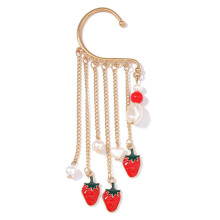 Creative Bohemian Pearls Strawberry Pendant Ear Clip Long Tassels Crawling Hook Wrap Earring compatible with Women Girls Accessory