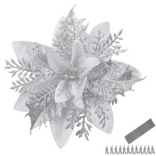 12 stuks 5,5 inch zilveren poinsettia kunstbloemen kerstbloemen met clips en stelen glitter kerstboomversiering kerstkrans