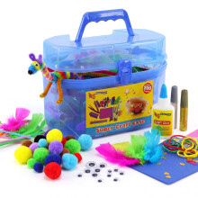 The Magic Toy Shop 200 Pc Kids Craft Box with Carry Case Pom Poms Feathers Arts Supplies Set Blue