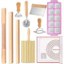 Pasta Making Tools Kit, Ravioli Maker Set with Rolling Pins, Gnocchi Board, Stamps, Cutter & Baking Mat