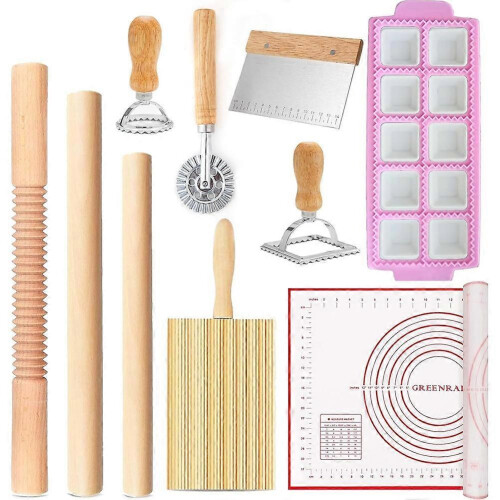 Pasta Making Tools Kit, Ravioli Maker Set with Rolling Pins, Gnocchi Board, Stamps, Cutter & Baking Mat