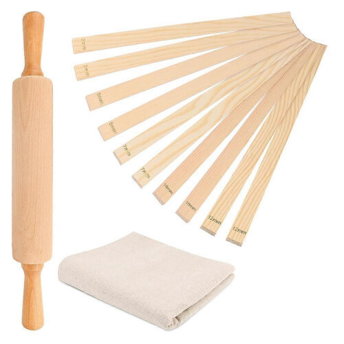 12 Pcs Pottery Tools Teaching Set, Include 17inch Slab Roller 10 Pcs Wooden Rolling Pin Guides 1 Li