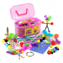 The Magic Toy Shop 200 Pc Kids Craft Box with Carry Case Pom Poms Feathers Arts Supplies Set Pink
