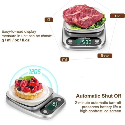 Köksvåg - Elektronisk - 10kg/1g - LCD-skärm - Silver 2
