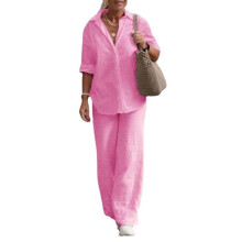 (Gray, L) Women 2 Piece Outfits 2023 Notched Lapel Long Sleeve Button Down Blouse and Wide Leg Pants Set Casual Tops and Bottom Suit Fall Spring