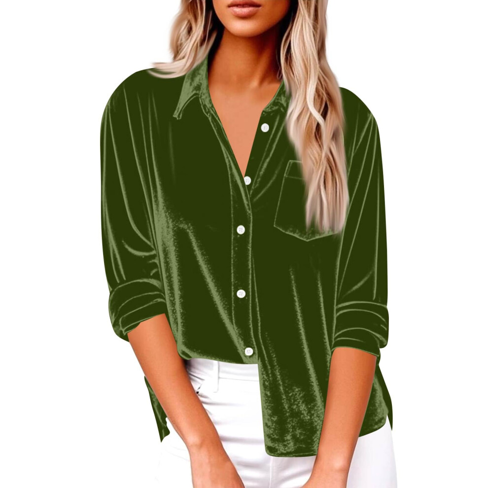 Green Women's Elegant Lapel Neck Shirt Long Sleeve-Army Xxl
