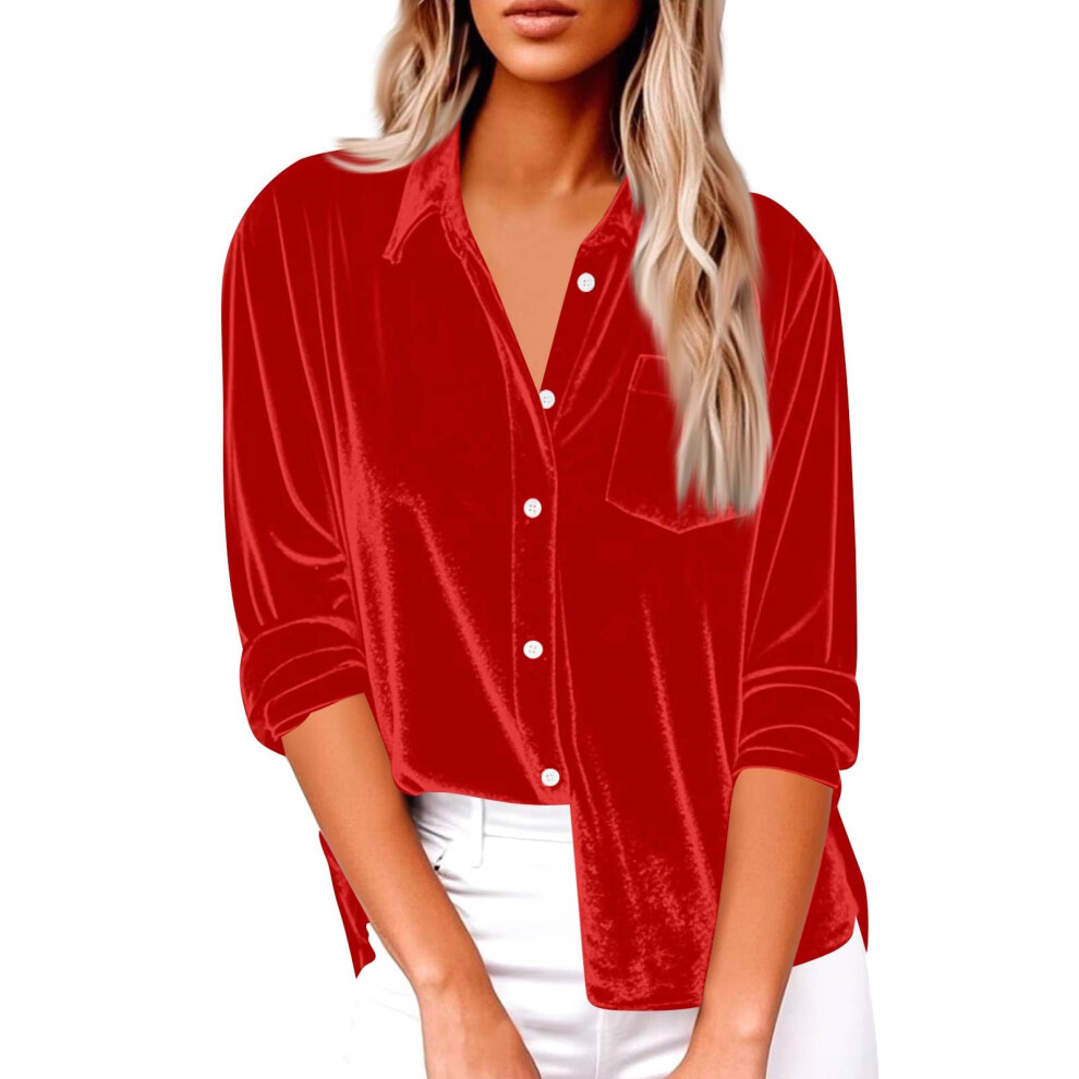 Red Women's Elegant Lapel Neck Shirt Long Sleeve Button Loose- M
