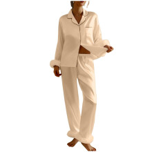 Women's satin pajama set, long-sleeved 2-piece-Champagne S