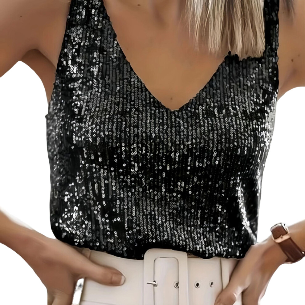 Black Women's Sleeveless Glitter Sequins Tank Tops Sparkles- S