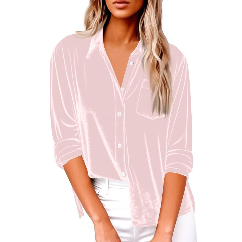 Pink Women's Elegant Lapel Neck Shirt Long Sleeve Button- M