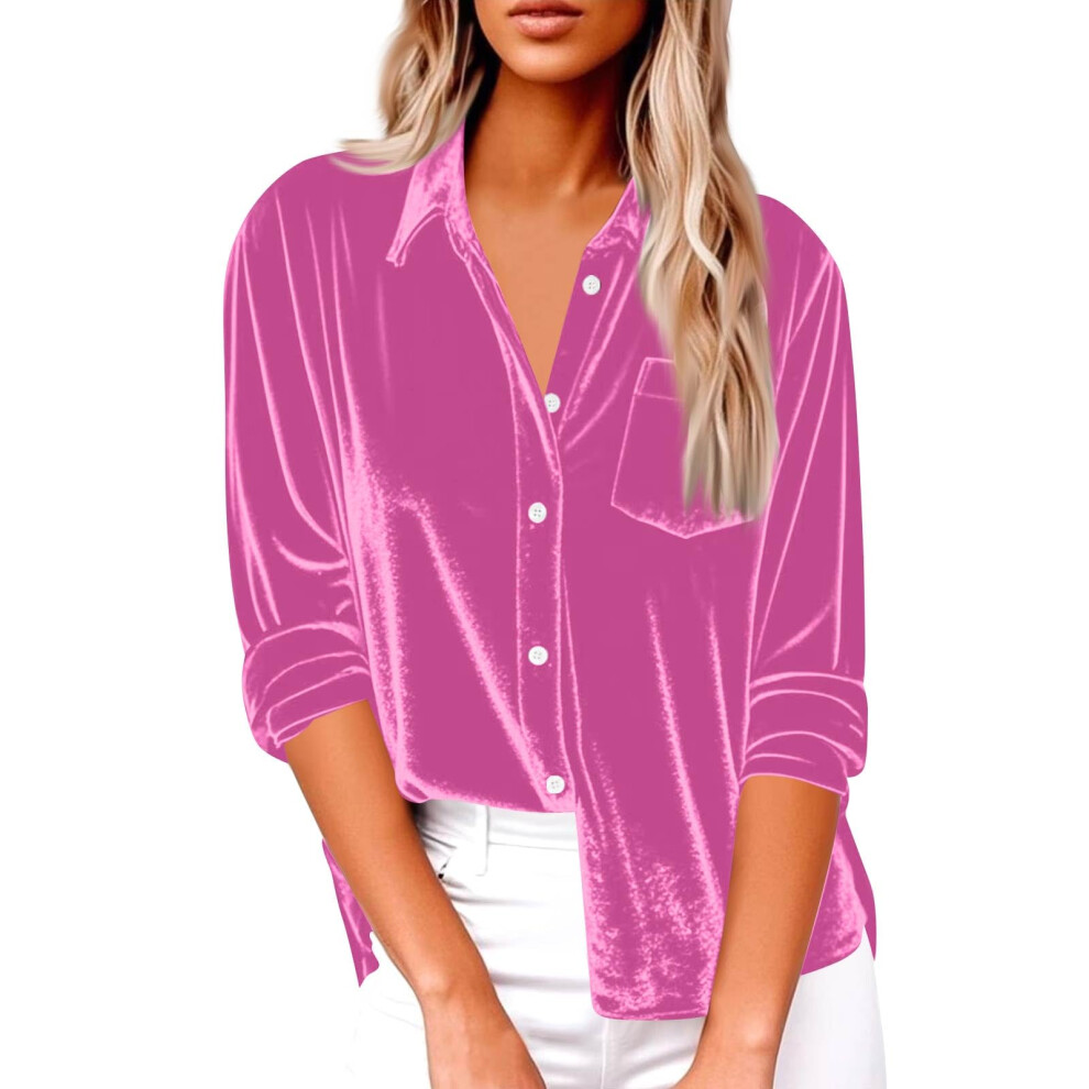 Red Women's Elegant Lapel Neck Shirt Long Sleeve Button-Rose S