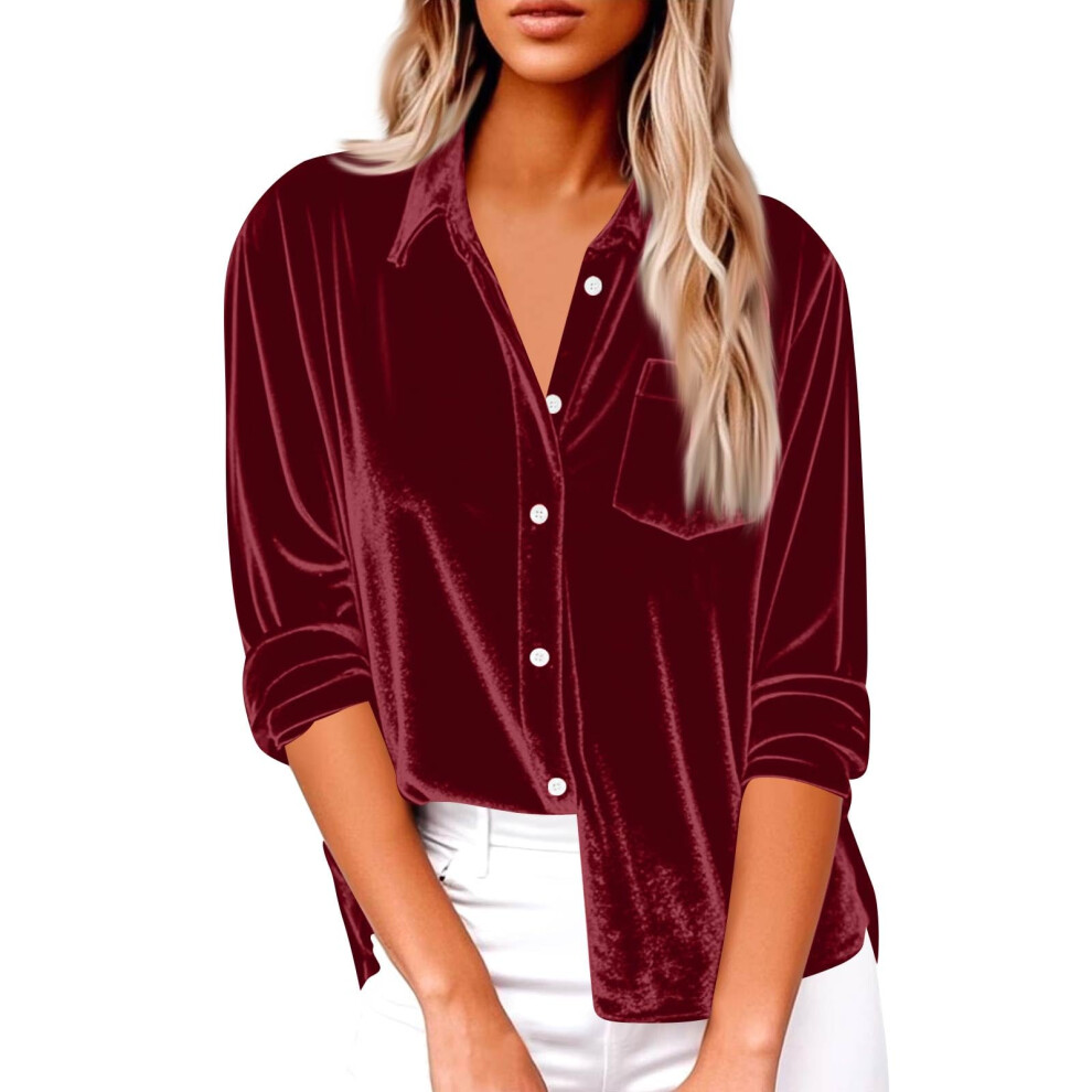 Burgundy Women's Elegant Lapel Neck Shirt Long Sleeve- Xxl